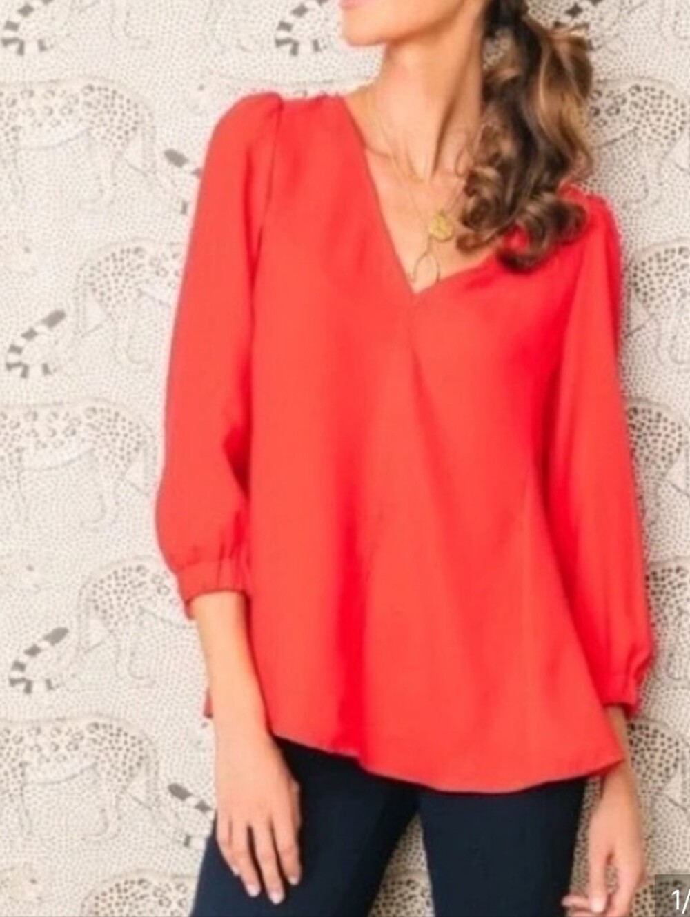 Tuckernuck Hollis Poppy Red V-neckline 3/4 puff sleeves with gathered cuffs Top